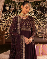 Ready To Wear Wine Pure Georgette Embroidery Work Anarkali Gown With Dupatta